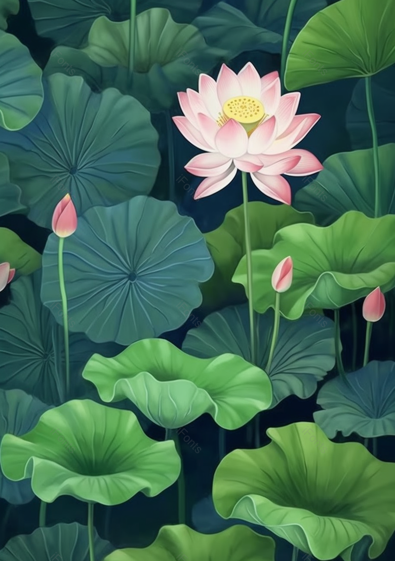 独自盛放的荷花与荷叶自然插画壁纸背景,插画/手绘图,插画/手绘图库,插画/手绘图下载,插画/手绘